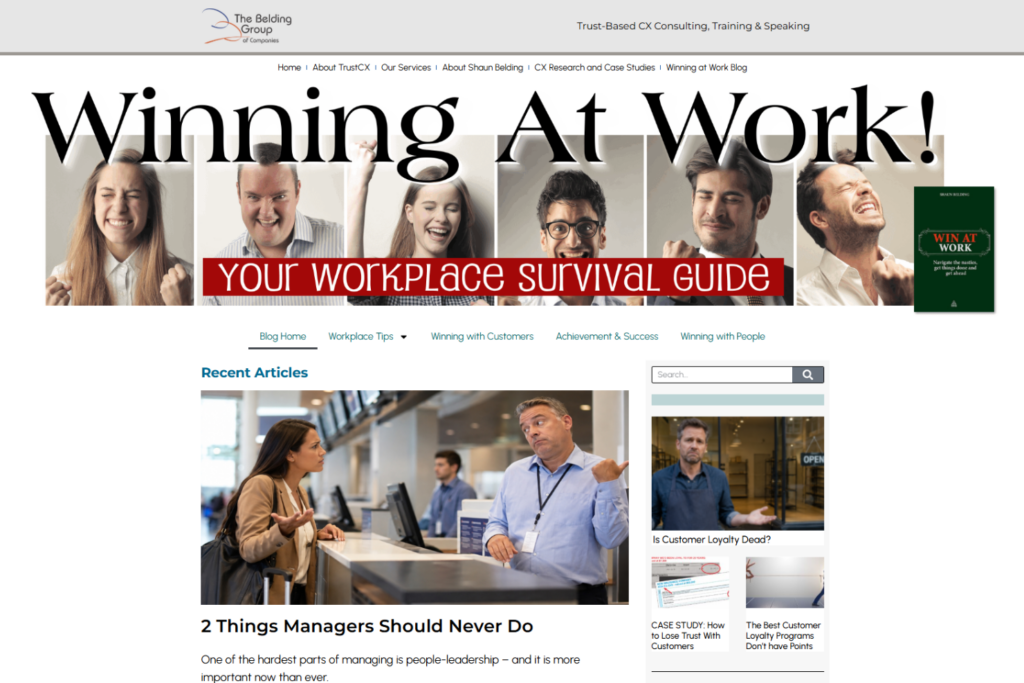 Winning at Work blog featuring workplace leadership articles and customer experience guidance