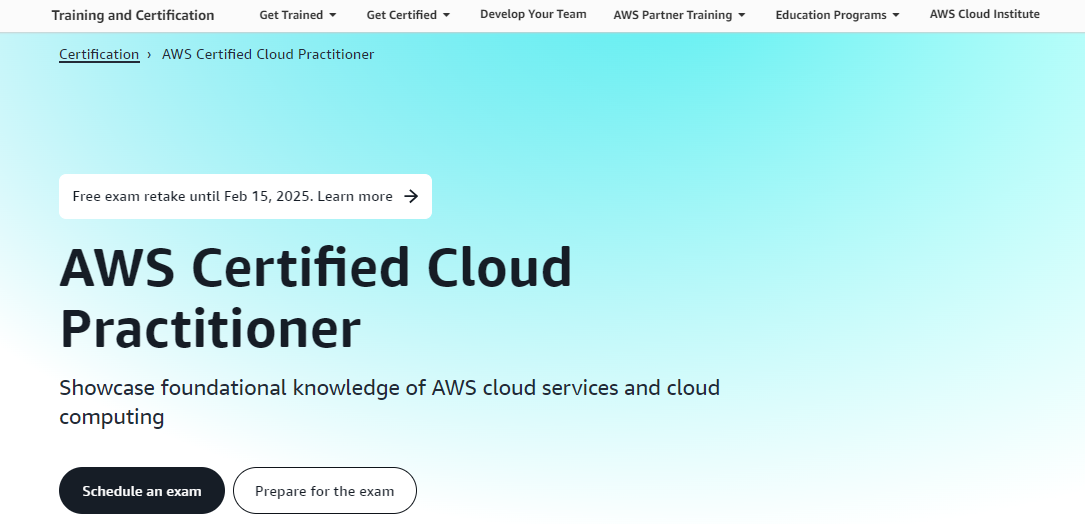 AWS Certified Cloud Practitioner website landing page