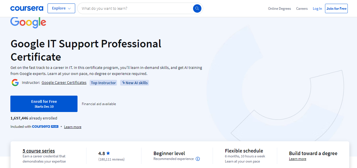 Google IT Support Professional Certificate website landing page