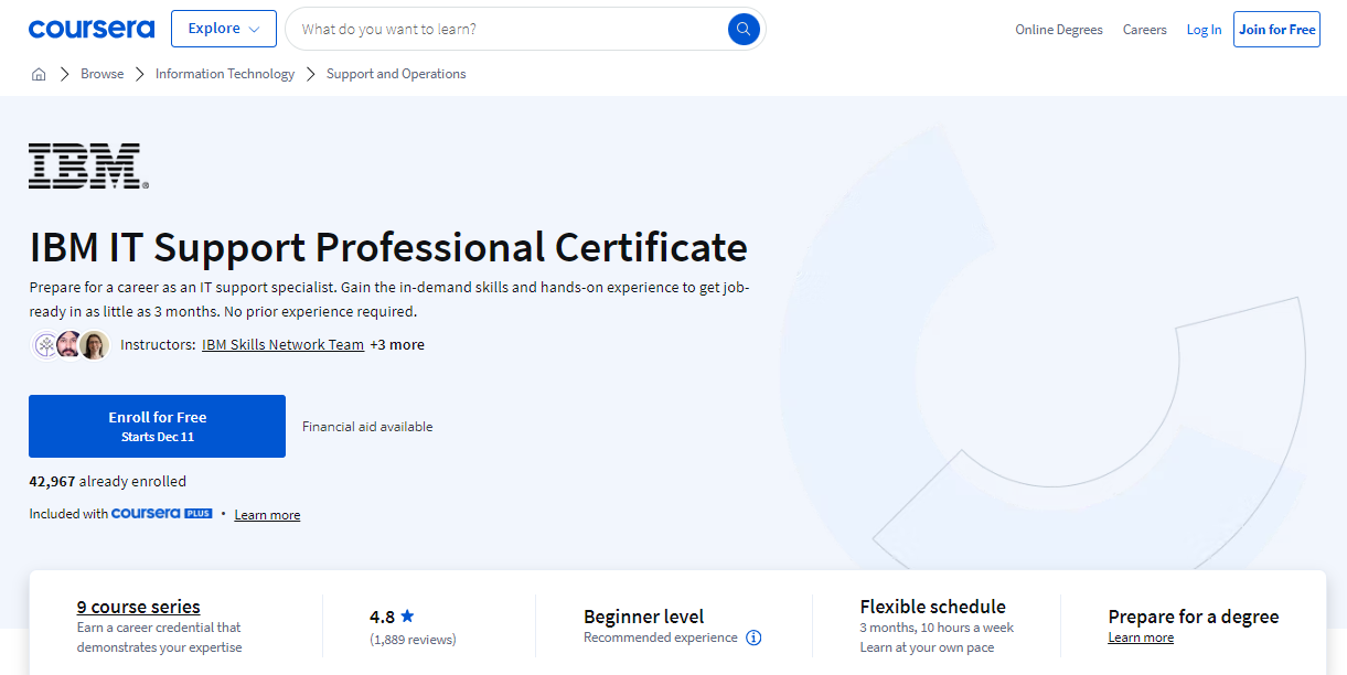 IBM IT Support Professional Certificate website landing page
