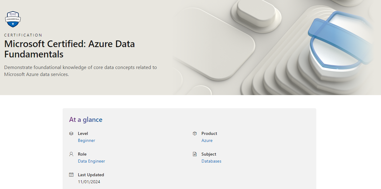 Microsoft Certified Azure Data Fundamentals website landing page