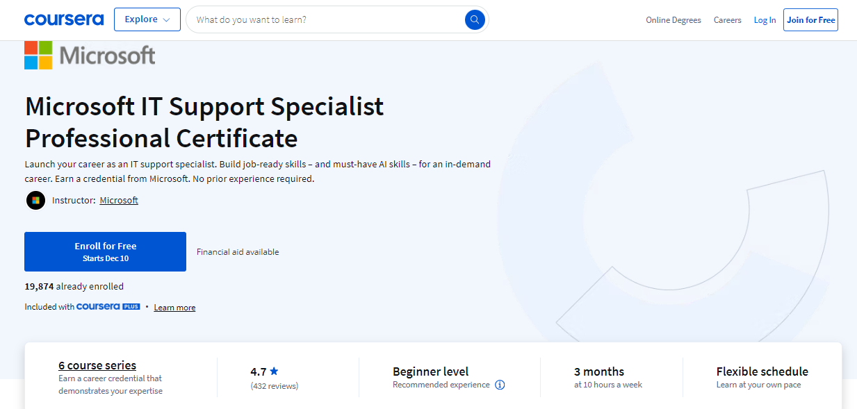 Microsoft IT Support Specialist Professional Certificate website landing page