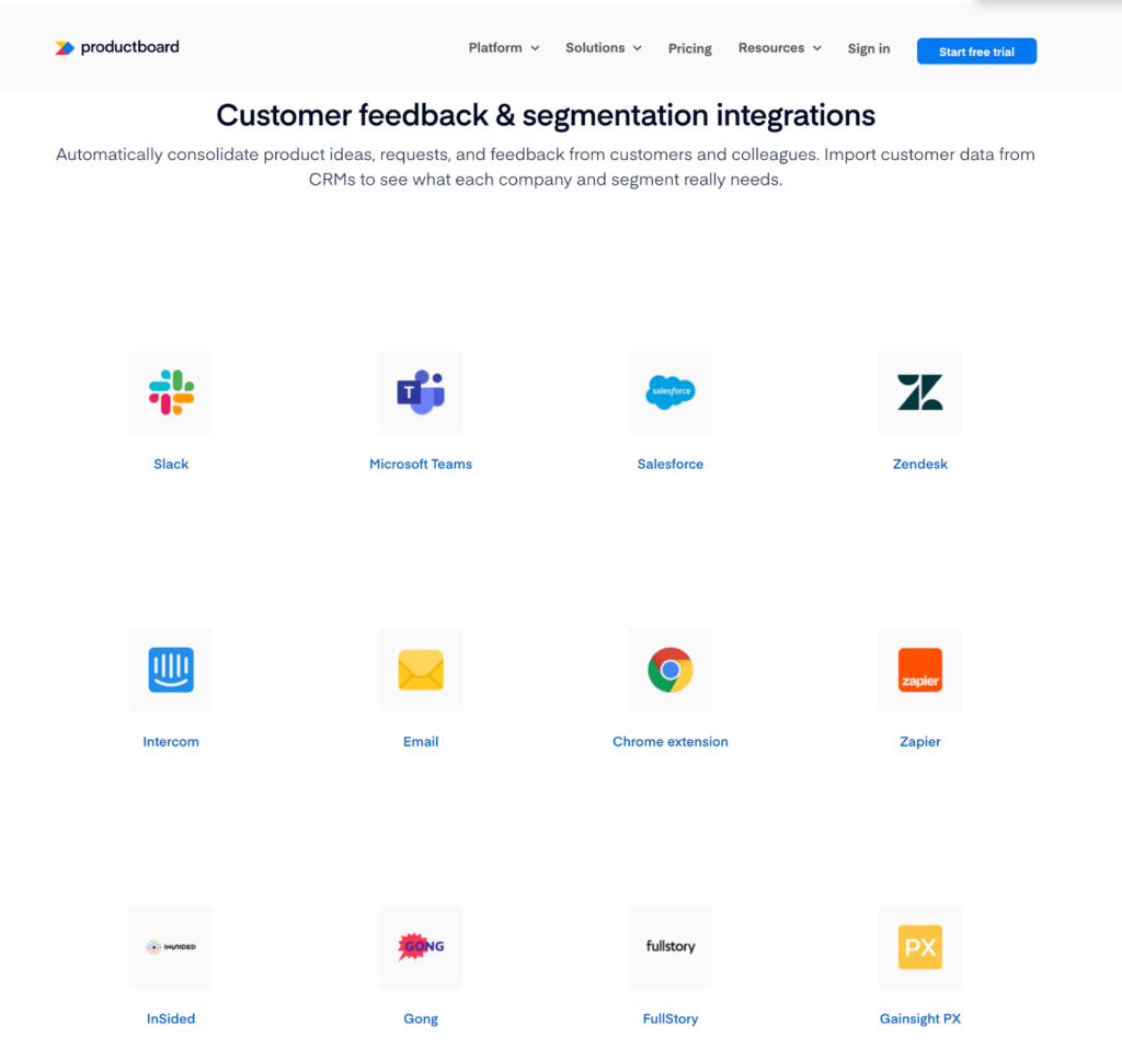 Productboard Integration Capabilities screenshot