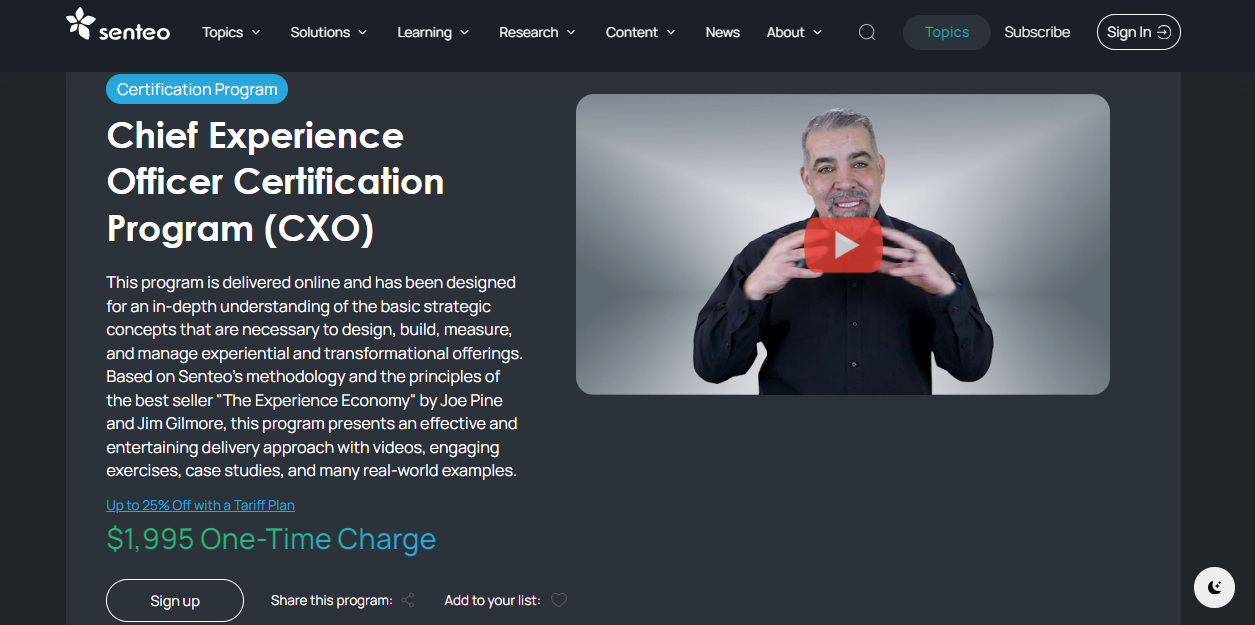 Chief Experience Officer Certification Program (CXO) website landing page