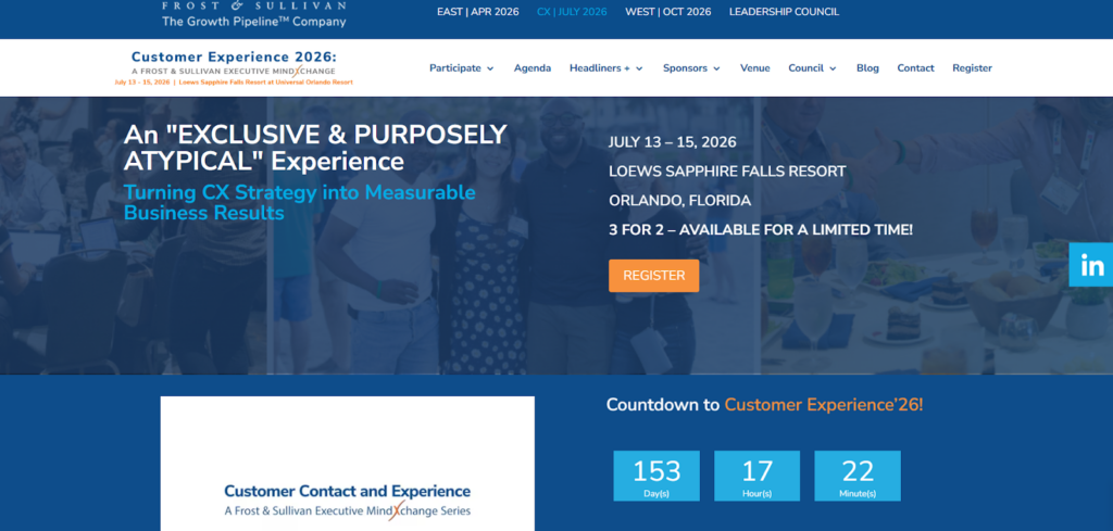 The landing page for the Customer Experience 2026: A Frost & Sullivan Exchange MindXchange conference