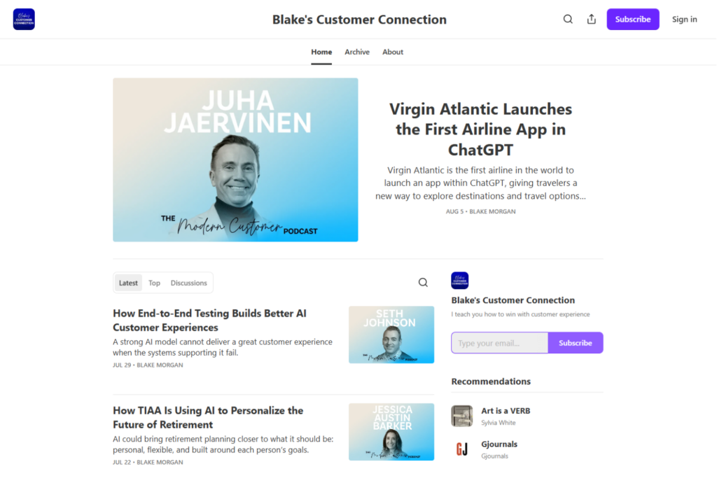 La Connexion client de Blake présentant des articles sur l’IA et l’expérience client