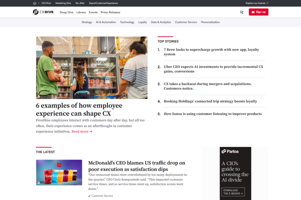 Page d’accueil de CX Dive présentant des actualités sur l’IA, la fidélisation, le service client et les technologies