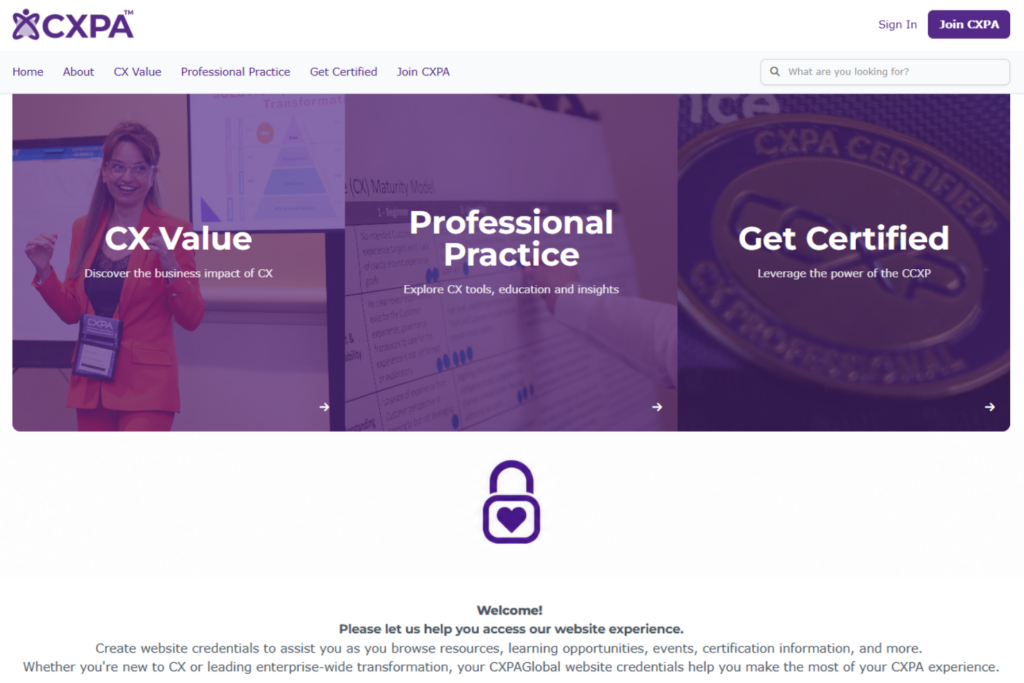 Site web de la CXPA présentant des ressources sur la valeur de l'expérience client, les pratiques professionnelles et les certifications