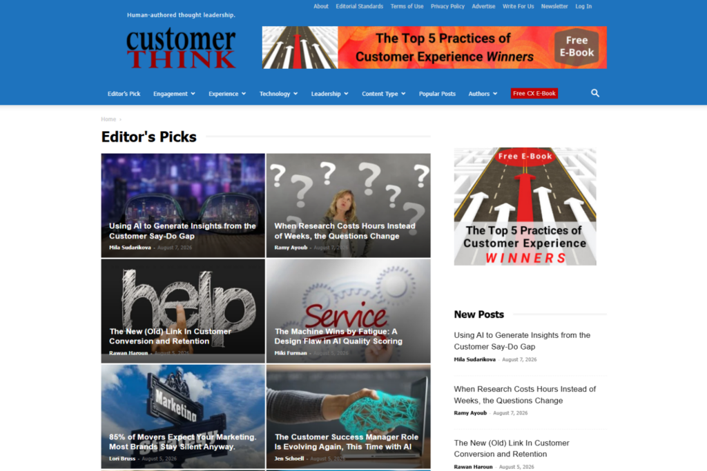 Page d’accueil de CustomerThink présentant des sélections éditoriales sur l’expérience client, l’IA, la fidélisation et la réussite client