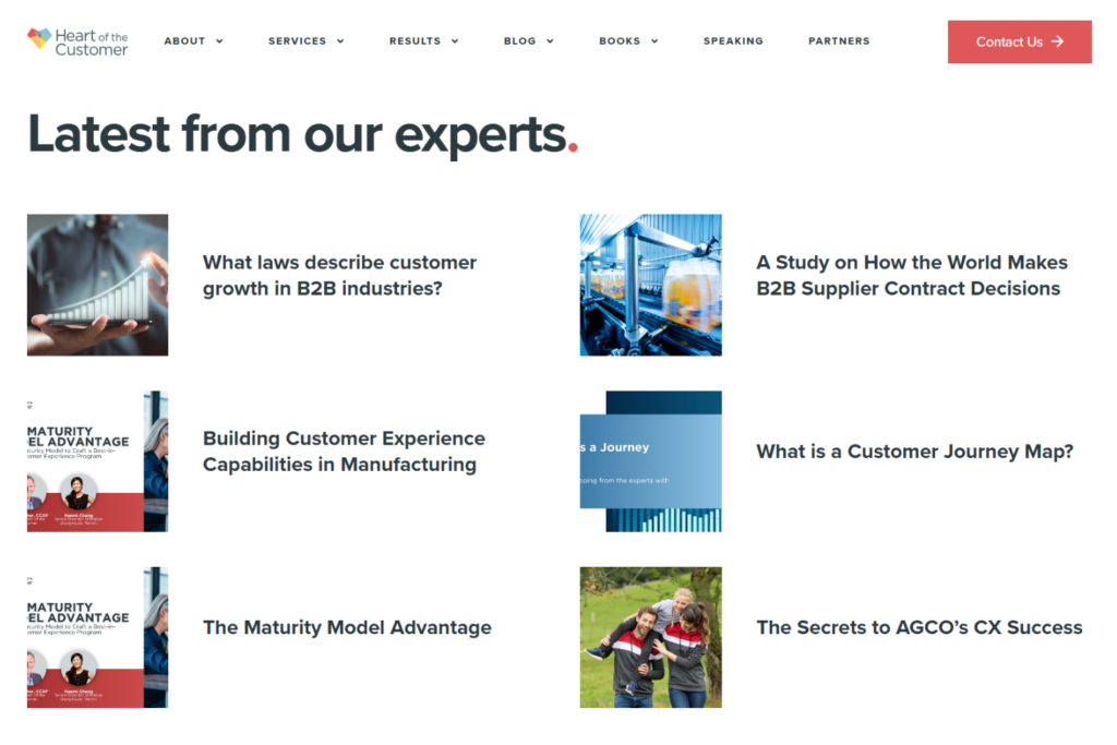 Page de Heart of the Customer présentant des articles d’experts sur la stratégie CX et la cartographie des parcours