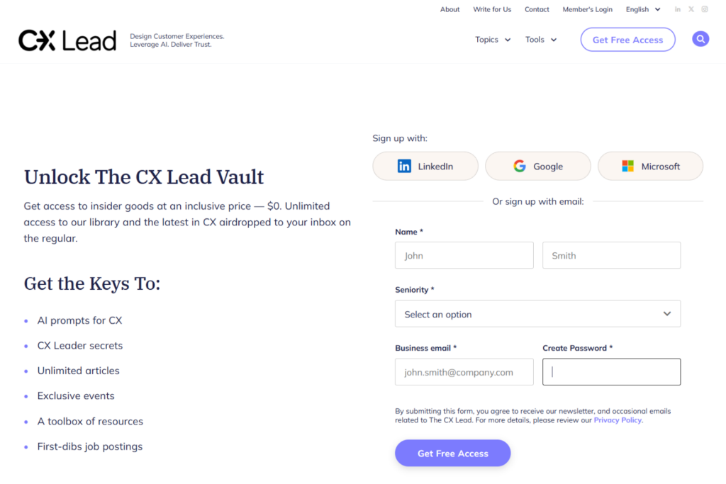 Page d'inscription à un compte gratuit The CX Lead avec des ressources sur l'expérience client et l'accès à la newsletter