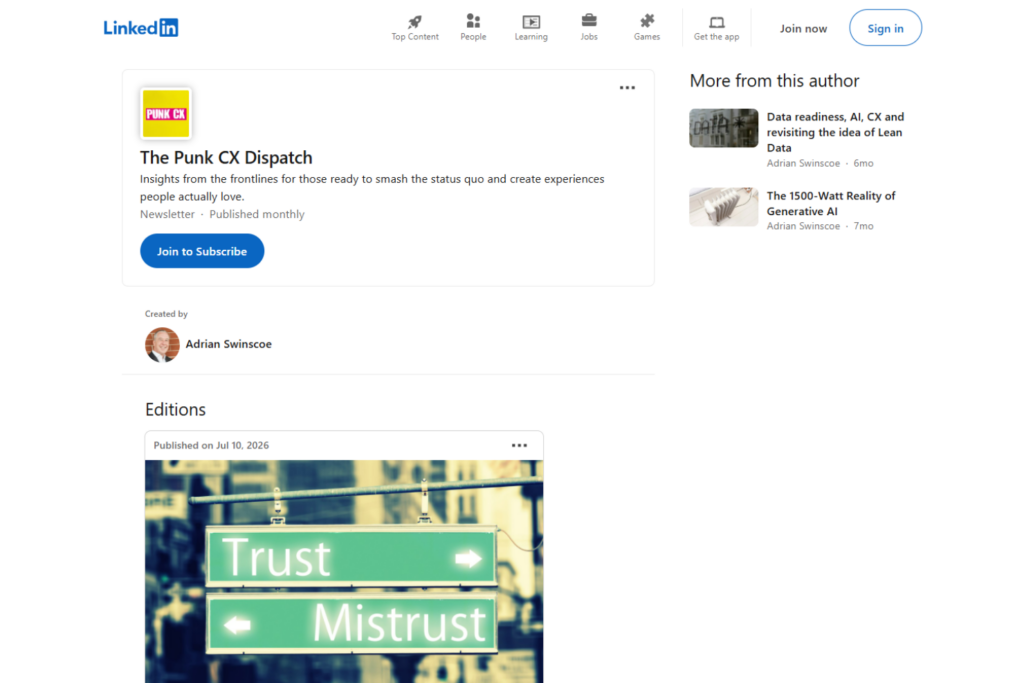 Page LinkedIn de La dépêche Punk CX présentant sa newsletter mensuelle et ses éditions récentes