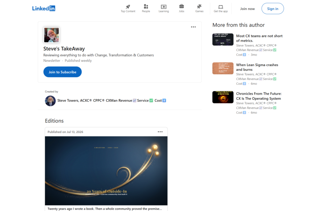 LinkedIn-Seite von Steves Zusammenfassung mit Ausgaben von Steve Towers