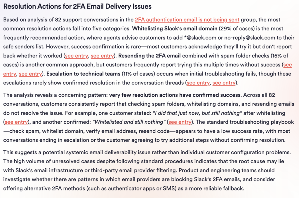 Unwrap Support IQ analysis of common resolution actions for 2FA email delivery issues.