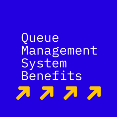 Queue management system benefits text on blue background