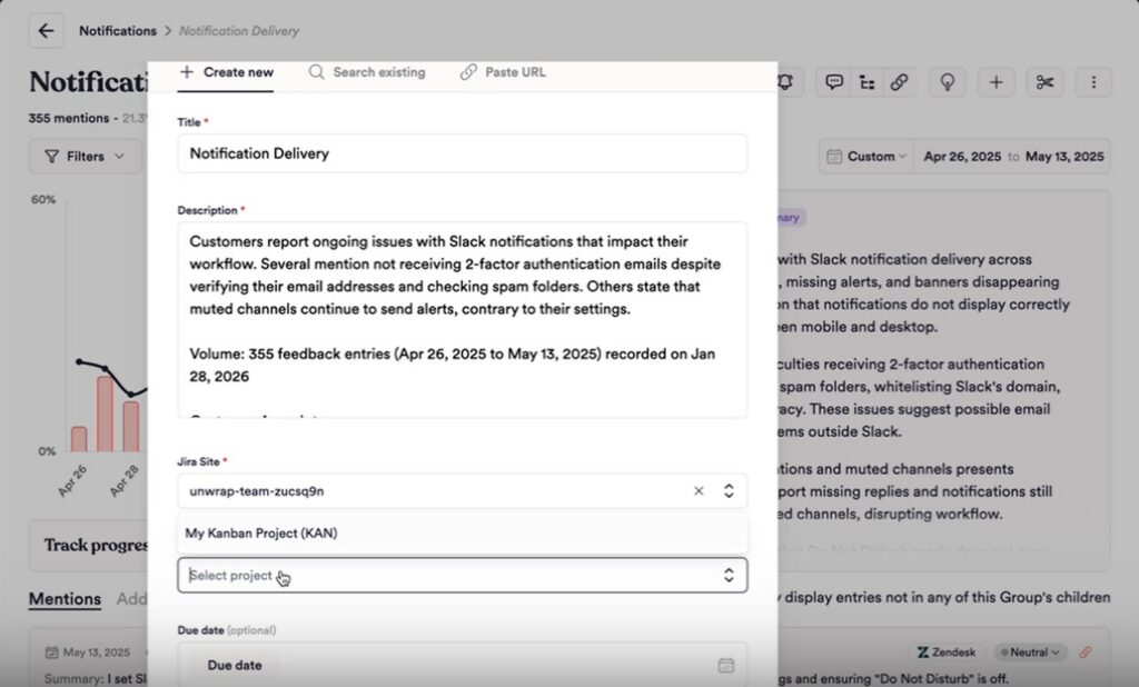 Unwrap-Oberfläche zeigt ein Formular zum Erstellen eines Jira-Tickets basierend auf Feedback zur Benachrichtigungszustellung.