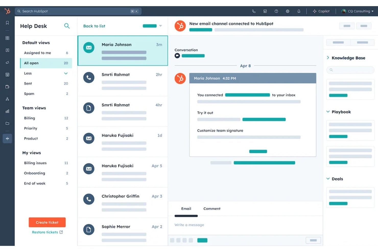 HubSpot Help Desk dashboard showing inbox, ticket list, and email conversation.
